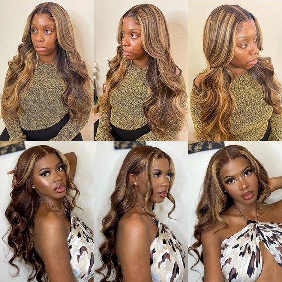 💥100% Human Hair Light Brown with Blonde Highlights Body Wave Wig💥NWT - Picture 5 of 6